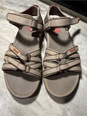 Teva Women's Beige Strappy Outdoor Sandals with Coral Accents
